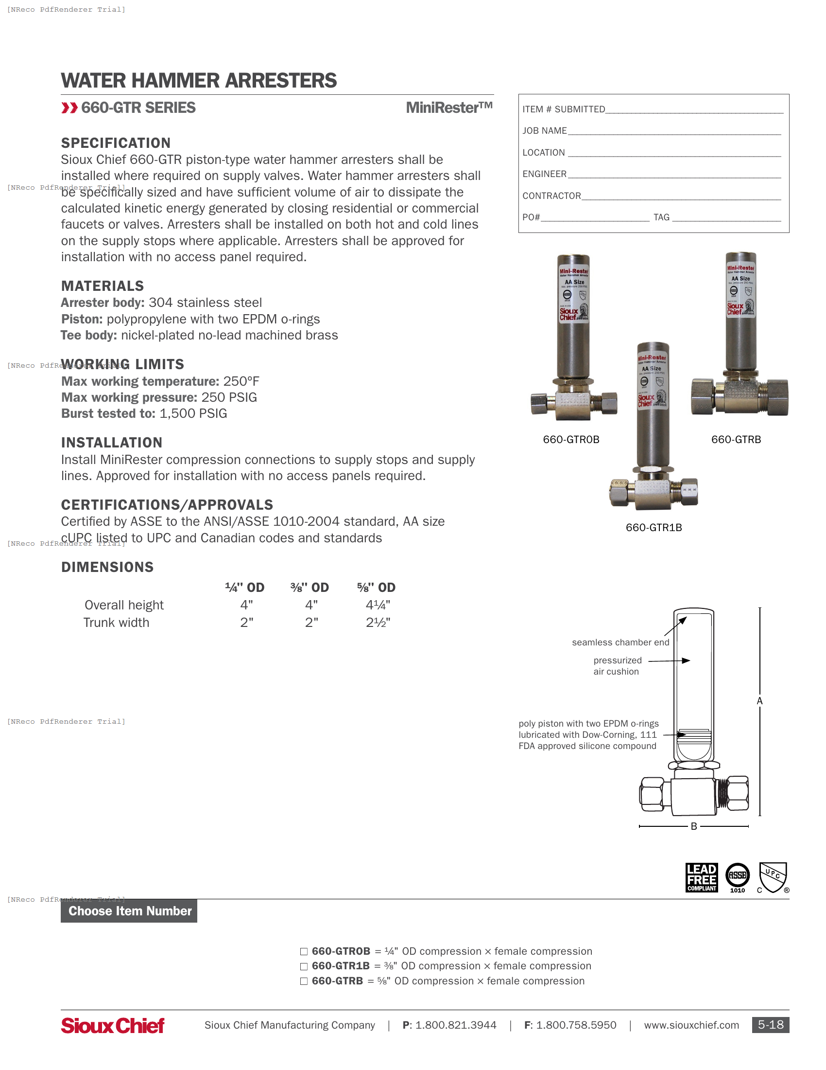 660-GTR SERIES - MINIRESTER WATER HAMMER ARRESTER - SPEC SHEET.PDF Specification Document